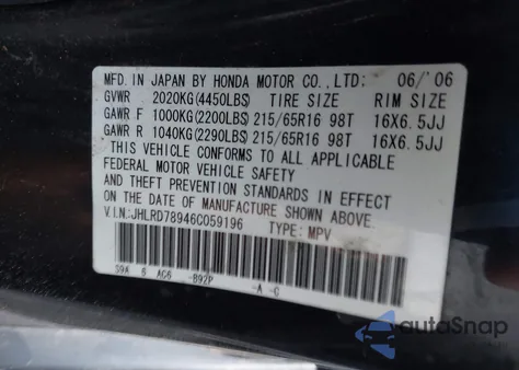 2006 Honda Cr-V Se from USA, damaged, VIN JHLRD78946C059196